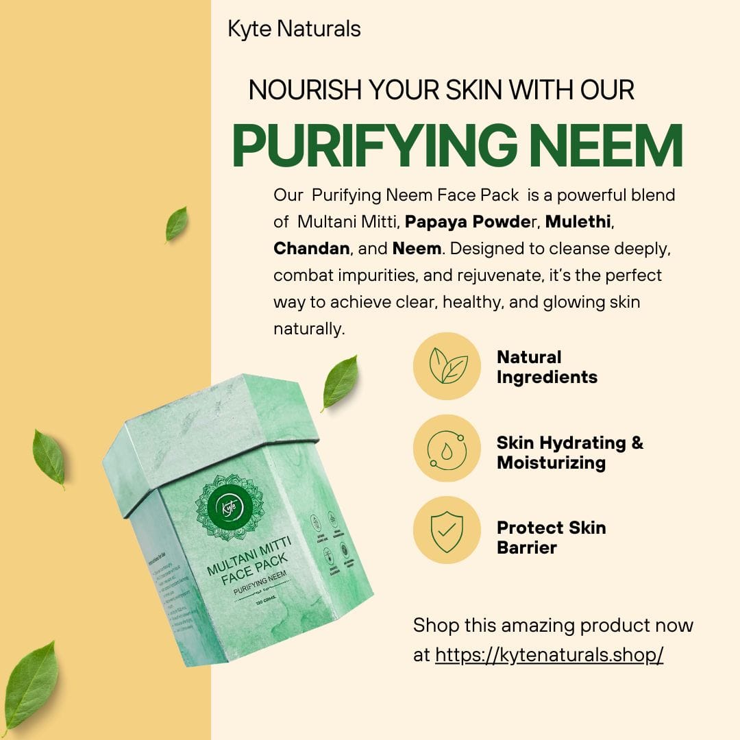 Kyte Naturals Purifying Neem face pack advertisement with product packaging and text on a beige background.