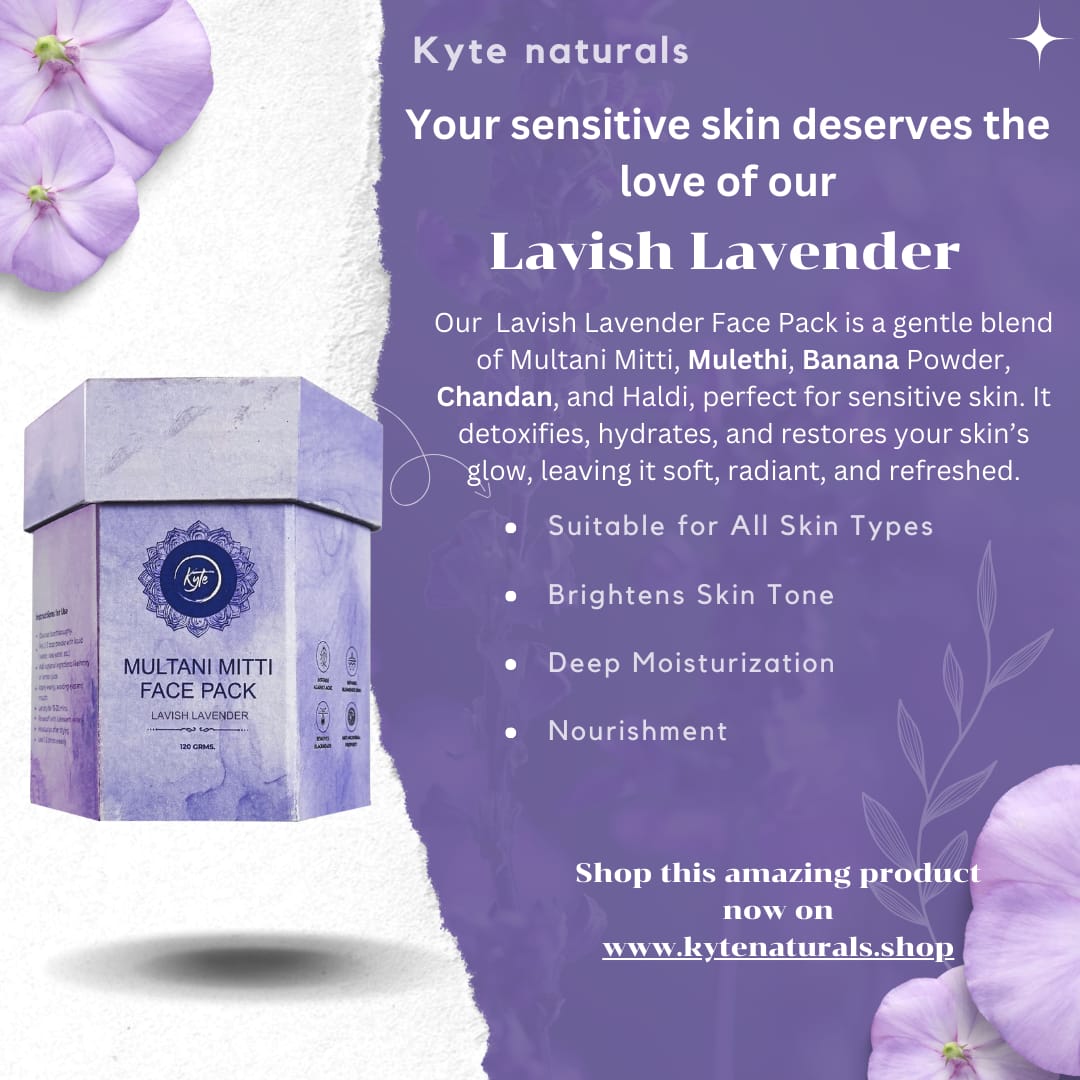 Kyte Naturals Lavish Lavender Face Pack packaging with product description on a purple background