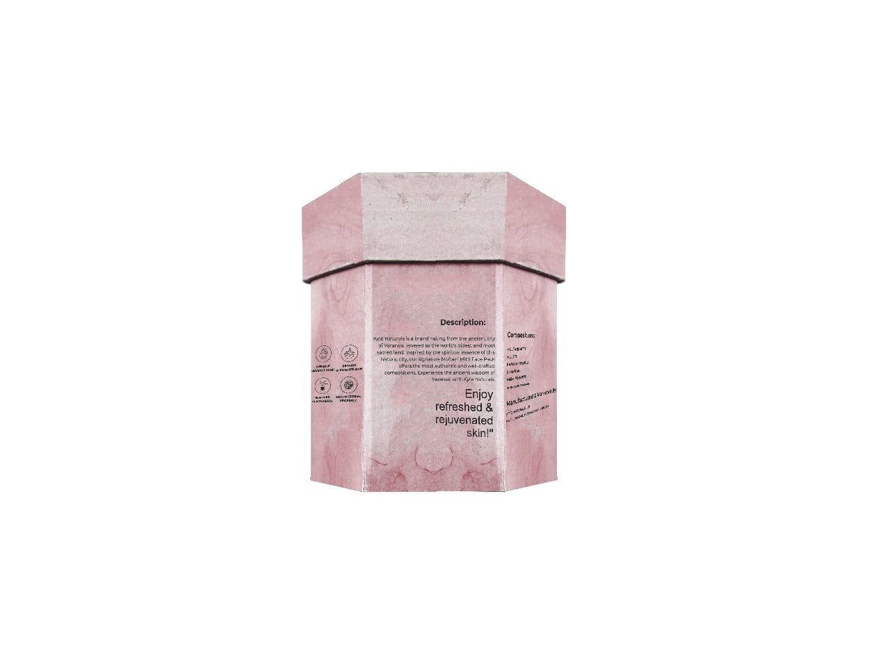 Pink hexagonal container with text on a white background