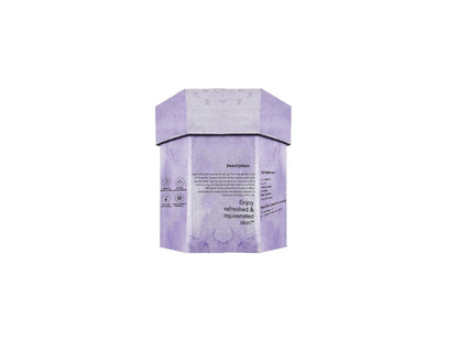 Hexagonal purple packaging with text on a white background