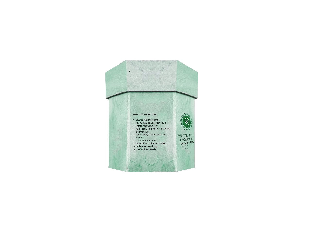 Green hexagonal box with text on a white background