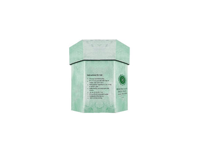 Green hexagonal box with text on a white background