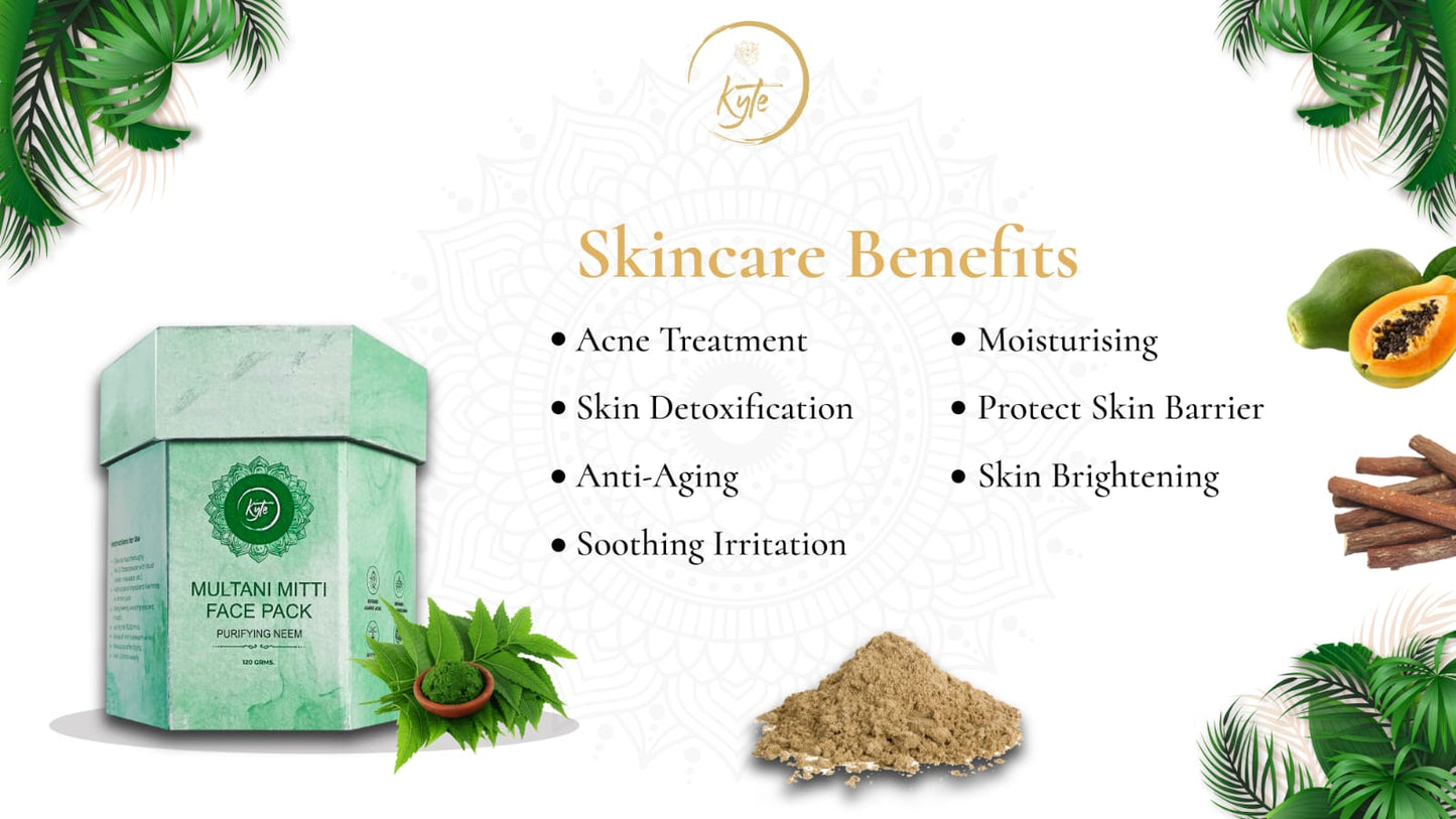Multani Mitti face pack with skincare benefits listed on a white background