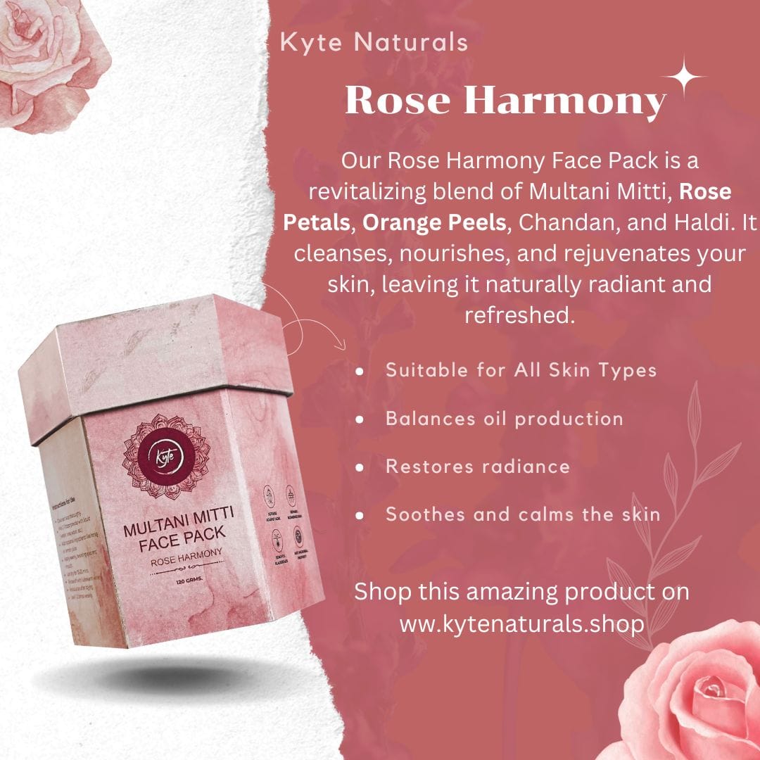 Kyte Naturals Rose Harmony face pack packaging with product description on a pink background