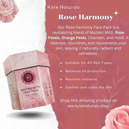 Kyte Naturals Rose Harmony face pack packaging with product description on a pink background