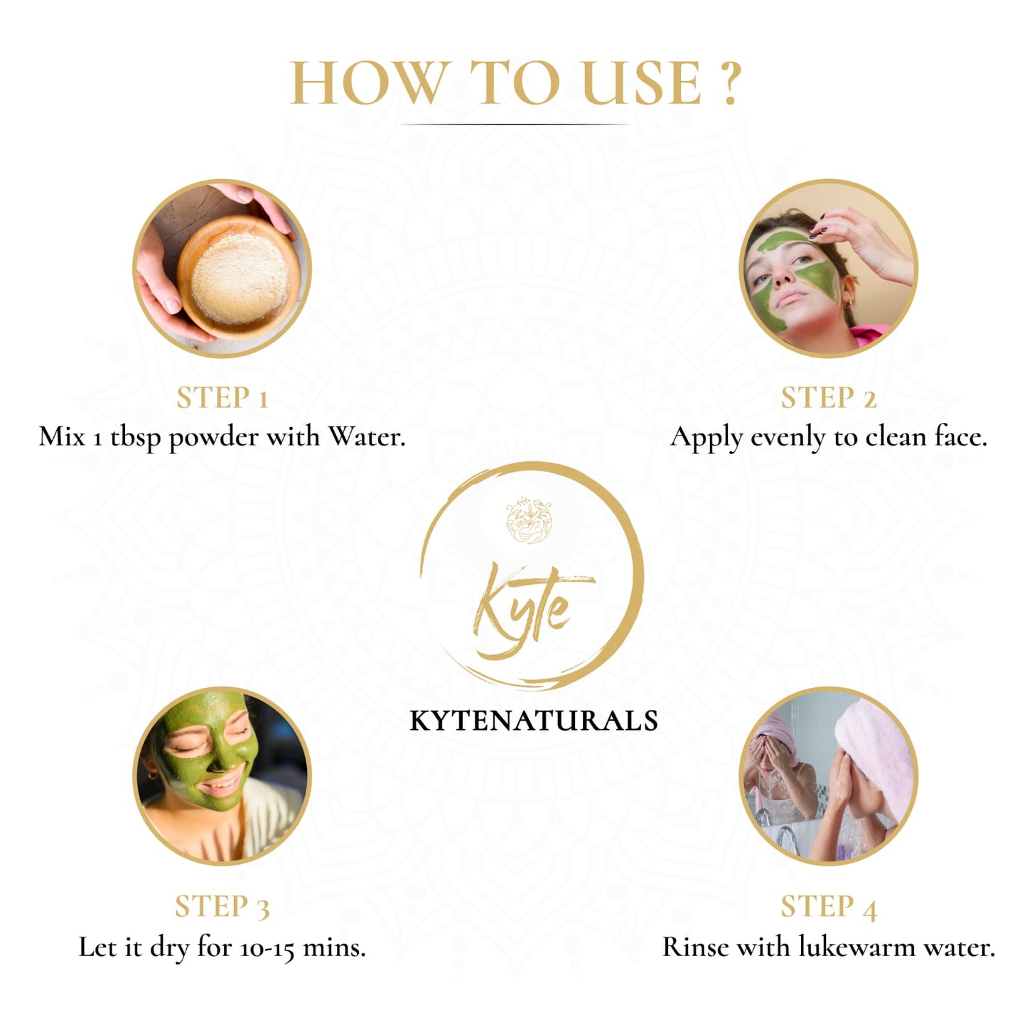 Instructions on how to use a KYTENATURALS facial mask with step-by-step illustrations and text.
