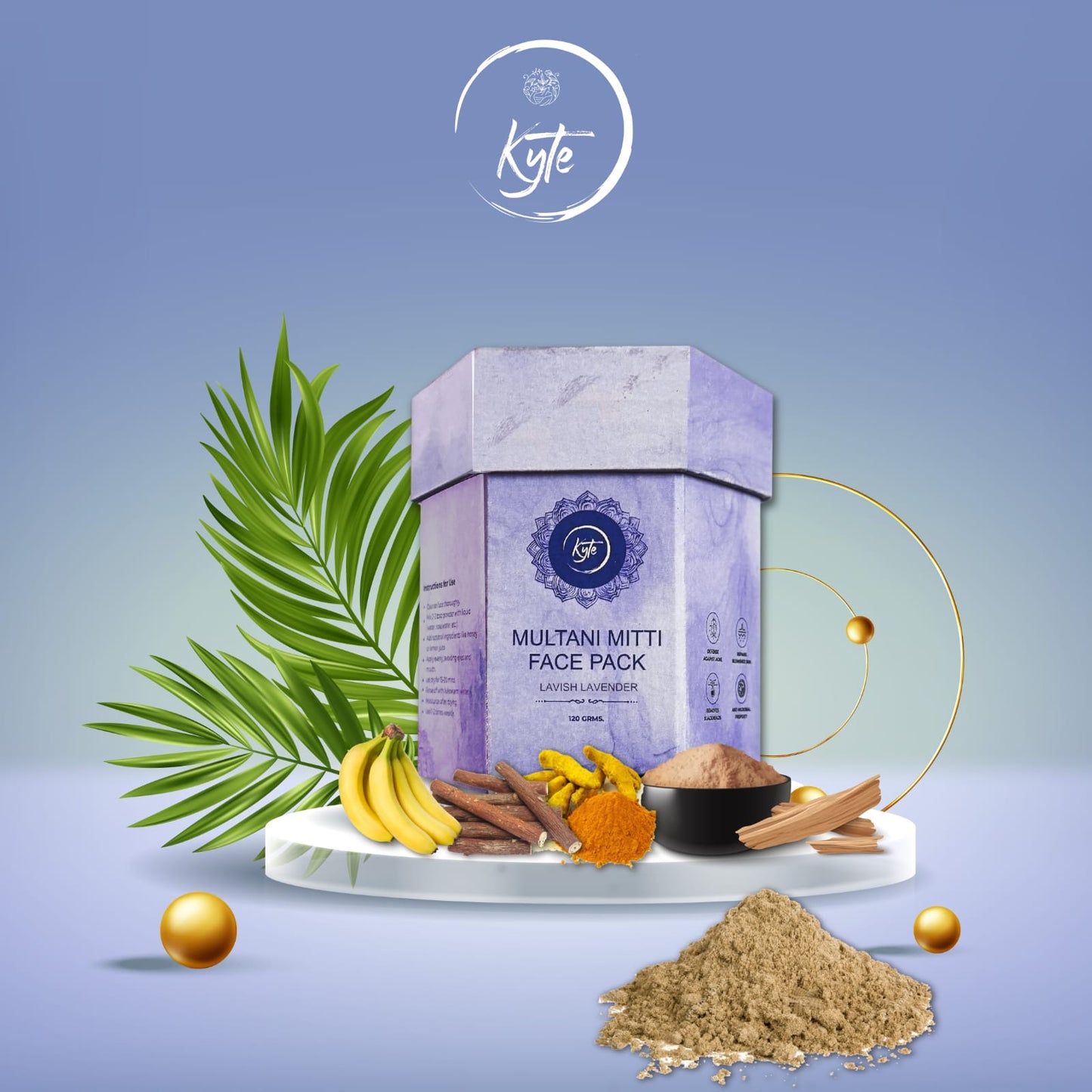 Kye Multani Mitti face pack with ingredients and packaging on a gradient blue background
