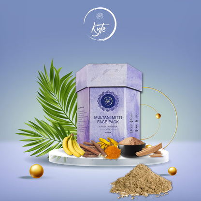 Kye Multani Mitti face pack with ingredients and packaging on a gradient blue background