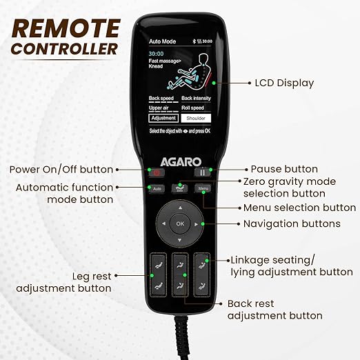 Remote controller with labeled buttons and display for AGARO product on a white background