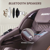 Massage chair with Bluetooth speakers and wireless charger, featuring the Agaro brand.