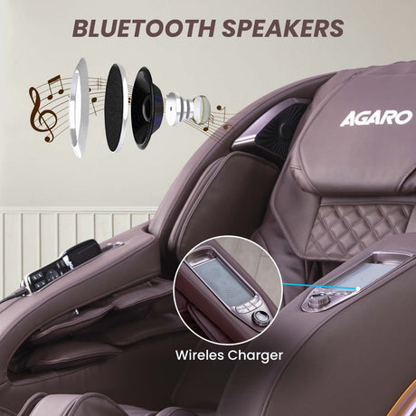 Massage chair with Bluetooth speakers and wireless charger, featuring the Agaro brand.