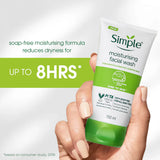 Hand holding a tube of Simple moisturising facial wash