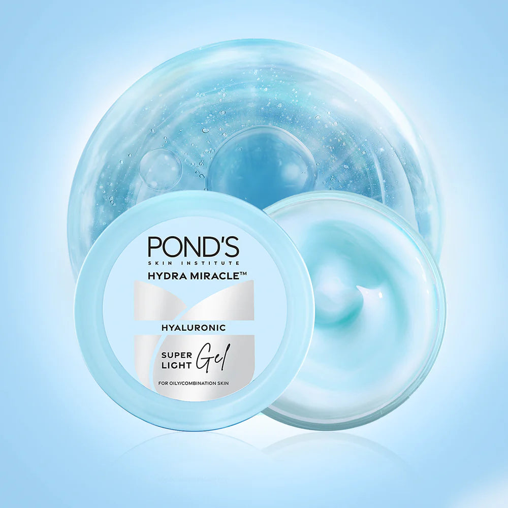 Pond's Hydra Miracle Hyaluronic Super Light Gel jar on a light blue background