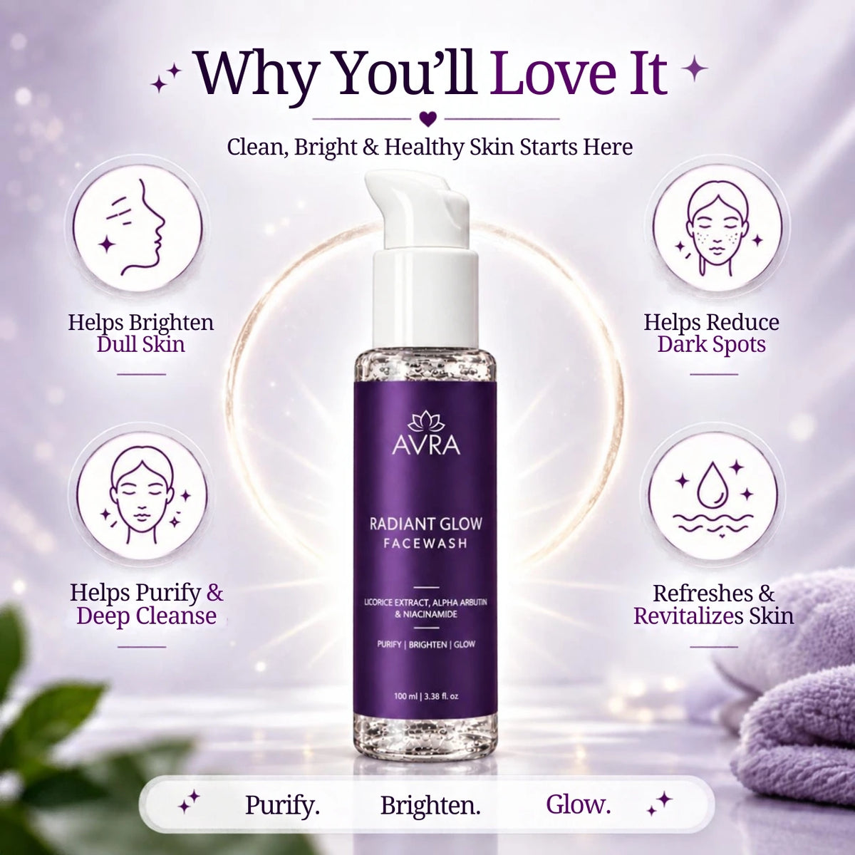 A bottle of AVRA Radiant Glow Facewash skin benefits