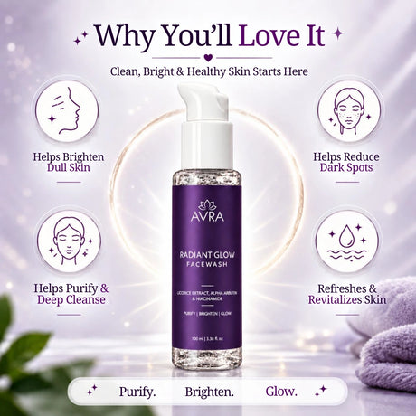 A bottle of AVRA Radiant Glow Facewash skin benefits