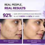 Promotional before-and-after comparison graphic for AVRA Radiant Glow Facewash