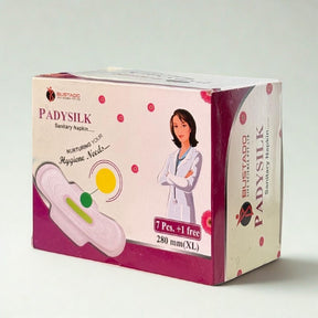 Box of Padysilk sanitary napkins with a doctor illustration on a white background