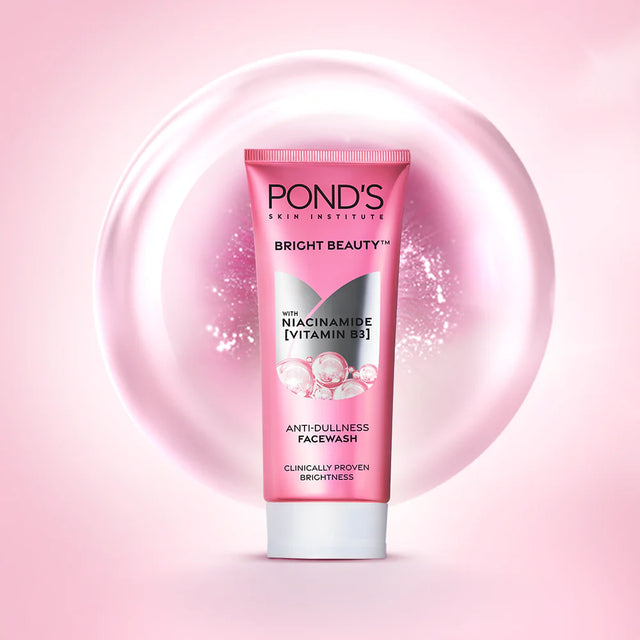 Pond's Bright Beauty face wash tube on a pink background