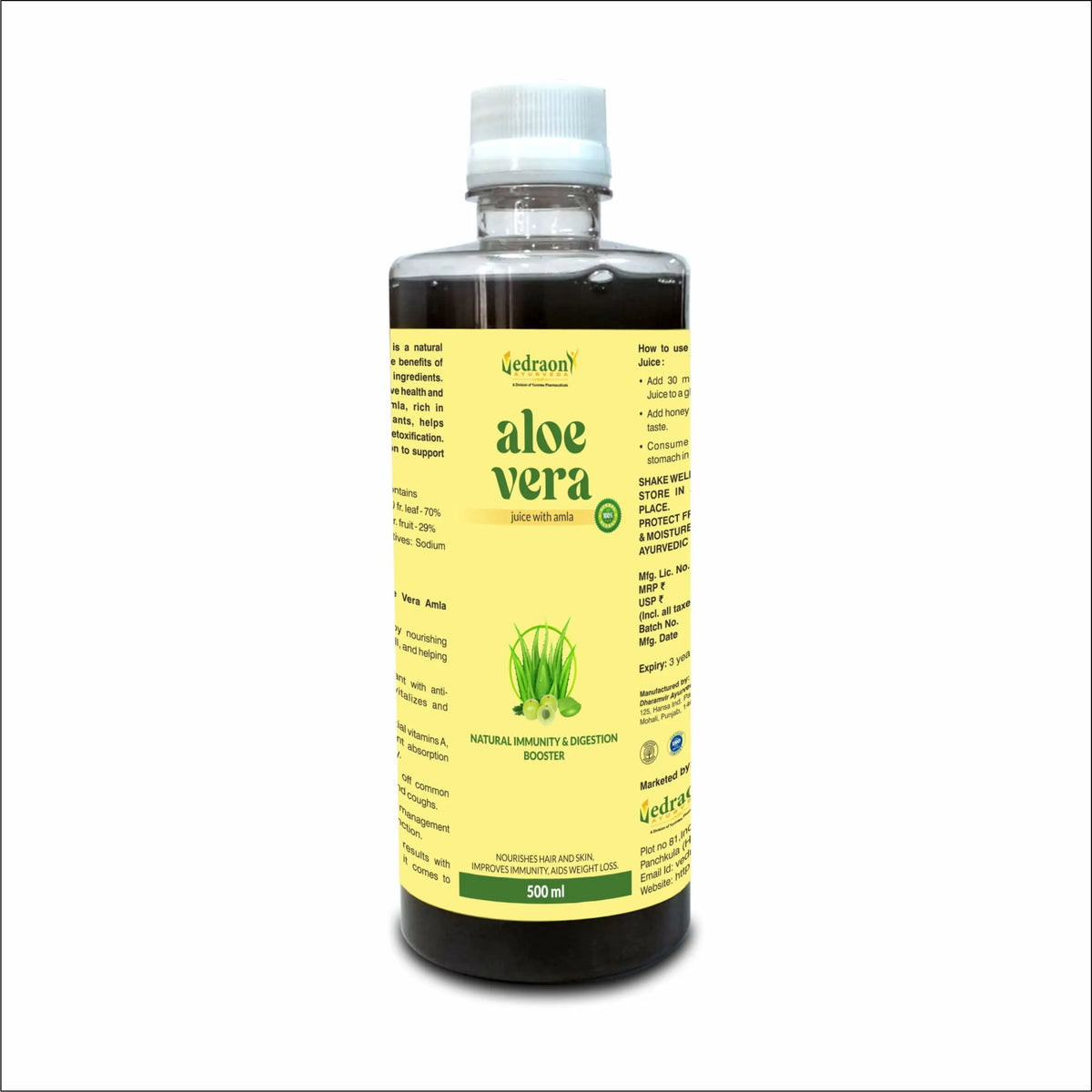Bottle of aloe vera juice with a yellow label on a white background