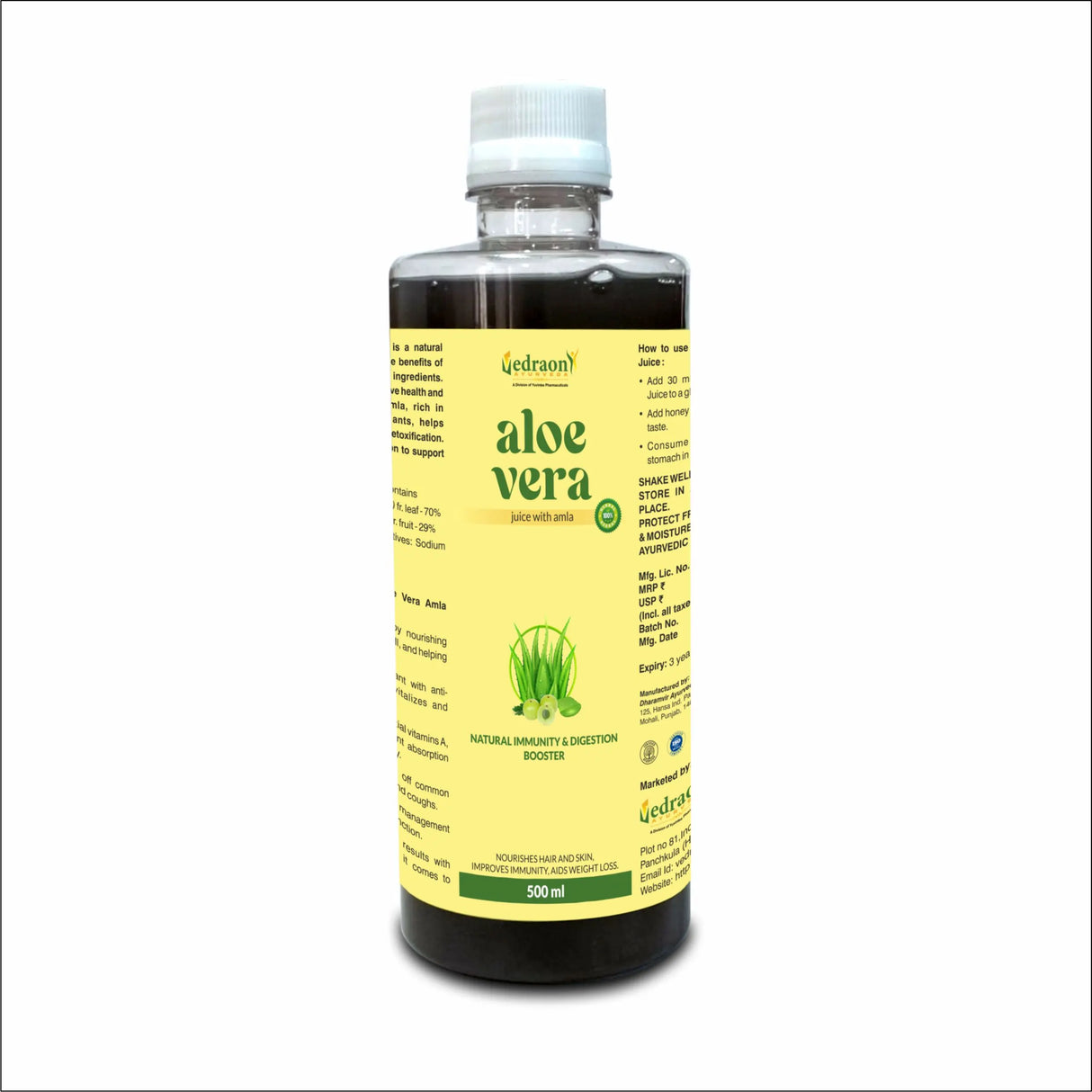 Bottle of aloe vera juice with a yellow label on a white background