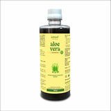 Bottle of aloe vera juice with a yellow label on a white background