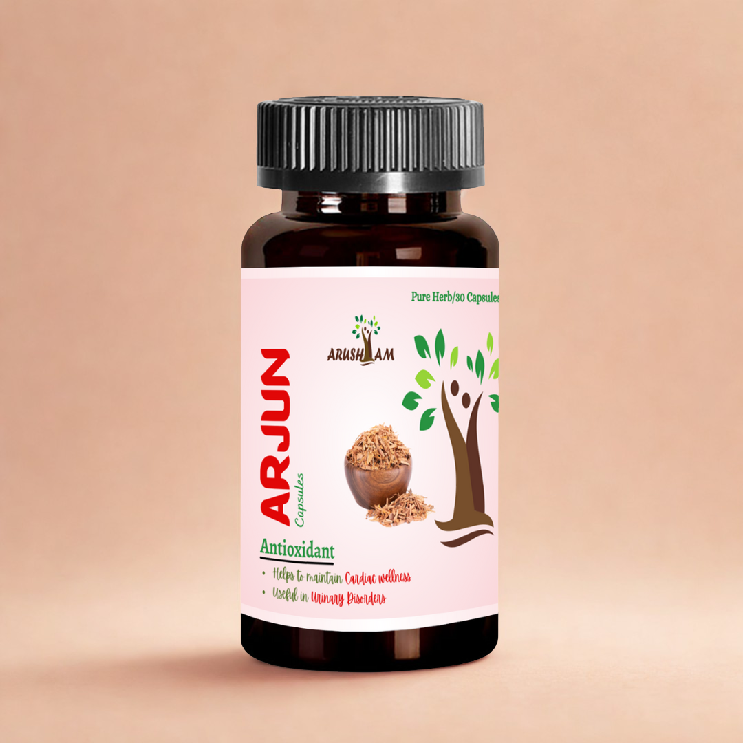 Bottle of Arjun capsules with a beige background