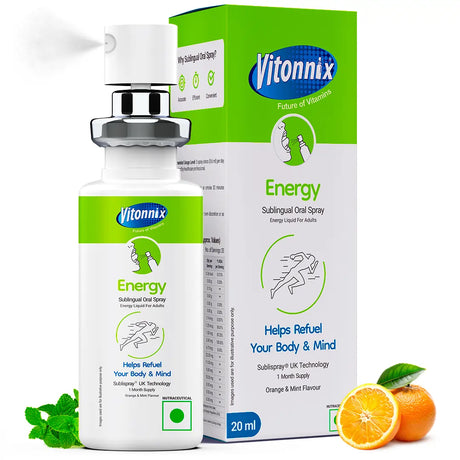 Vitonnix Energy sublingual oral spray bottle and packaging on a white background with oranges and mint leaves.