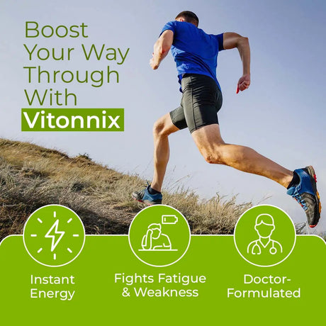 Person running on a hill with Vitonnix advertisement text and icons.