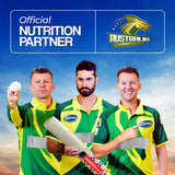 Three men in green and yellow sports jerseys holding a cricket bat with a blue sky background and 'Australia Champions' logo.