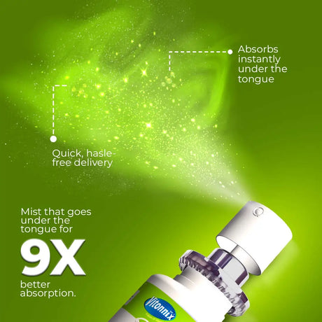 Vitamin supplement bottle with green mist and text on a green background