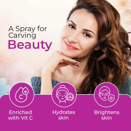 Woman with text 'A Spray for Carving Beauty' and icons indicating product benefits.