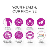 Health and safety certification logos with 'Your Health, Our Promise' text on a white background.