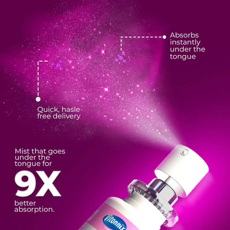 Vitaminix spray bottle with purple mist on a purple background