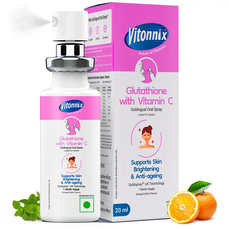 Vitonnix Glutathione with Vitamin C spray bottle and packaging on a white background