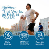 Man running with text 'Wellness That Works as Fast as You Do' and icons for Daily Energy, Stronger Immunity, and Essential Nutrition.
