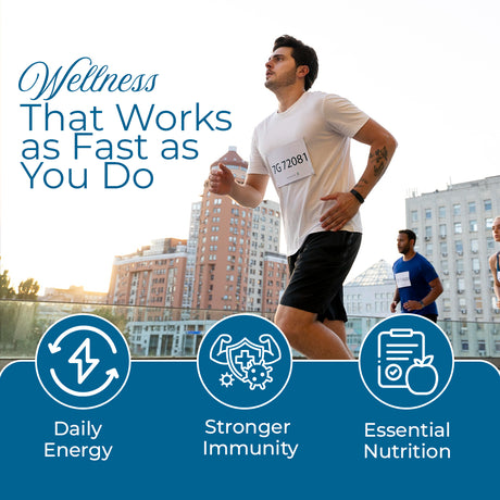 Man running with text 'Wellness That Works as Fast as You Do' and icons for Daily Energy, Stronger Immunity, and Essential Nutrition.