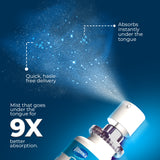 Vitamin X spray device with blue mist on a dark blue background
