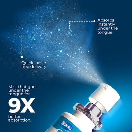 Vitamin X spray device with blue mist on a dark blue background