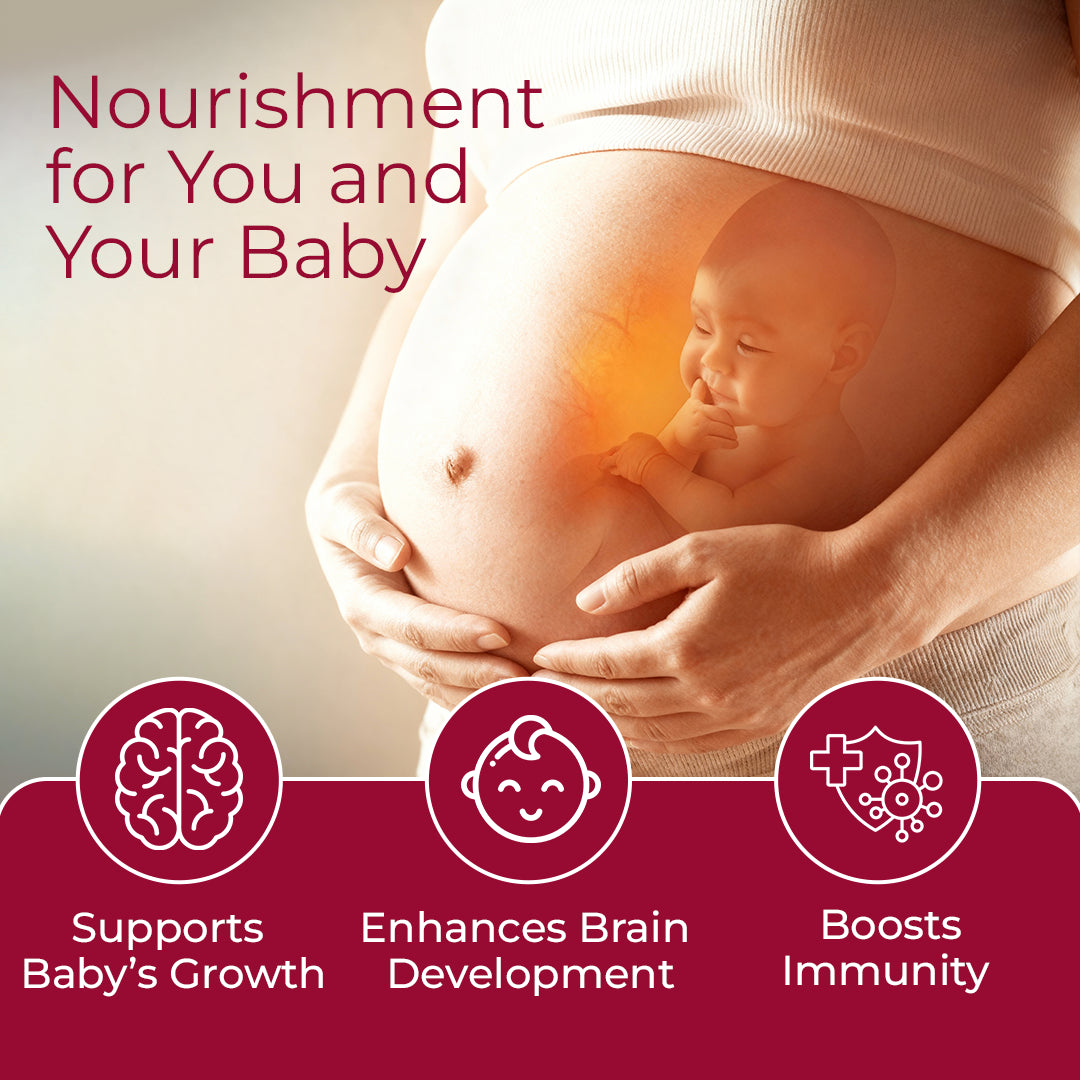 Pregnant woman holding a baby bump with text about nourishment for mother and baby.