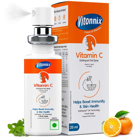Vitonnix Vitamin C spray bottle and packaging with oranges and mint leaves on a white background
