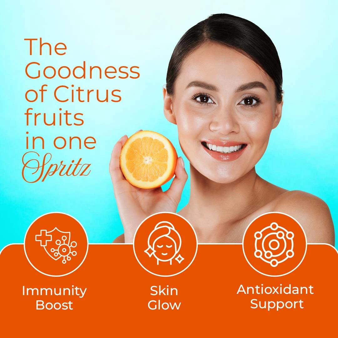 Woman holding an orange with text about the goodness of citrus fruits and their benefits.