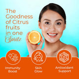 Woman holding an orange with text about the goodness of citrus fruits and their benefits.