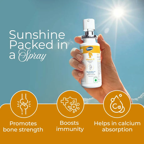 Hand holding a spray bottle with product benefits highlighted on a blue and orange background