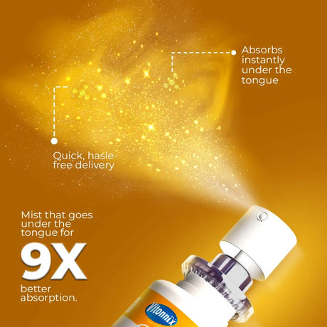 Vitamin X spray bottle with mist being released on an orange background