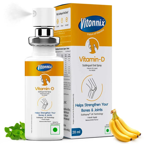 Vitonnix Vitamin-D spray bottle and packaging with bananas and mint leaves on a white background