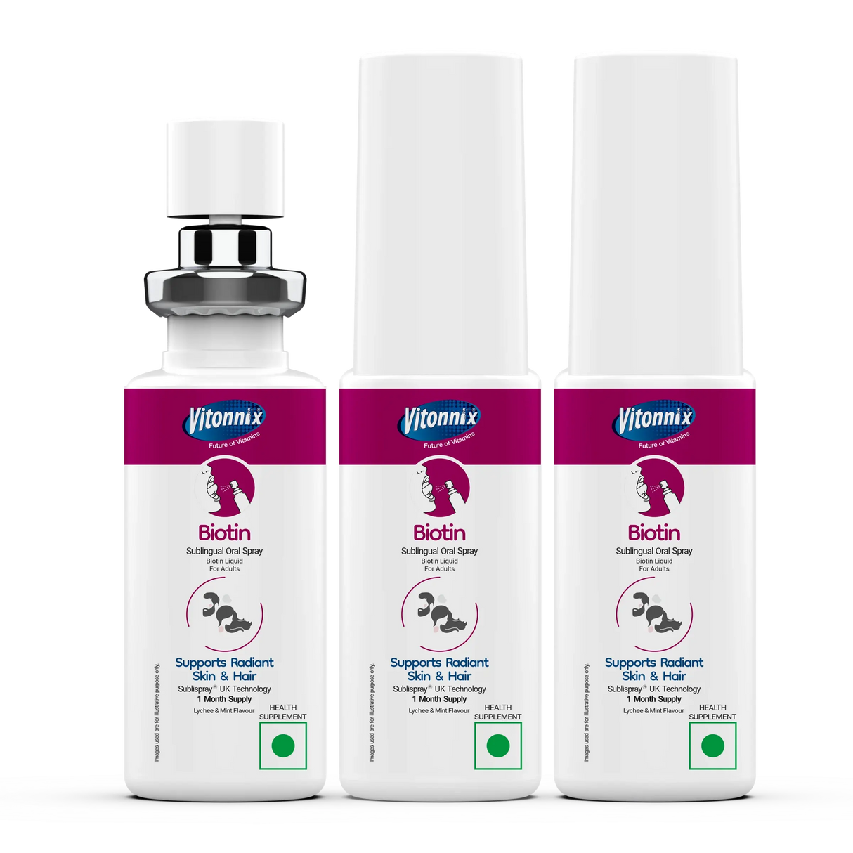 Three bottles of Vitonix Biotin supplement on a white background