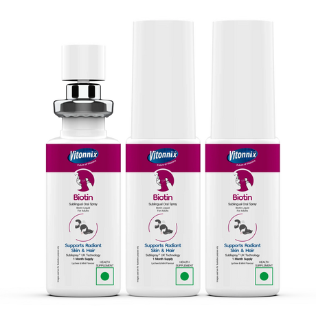 Three bottles of Vitonix Biotin supplement on a white background
