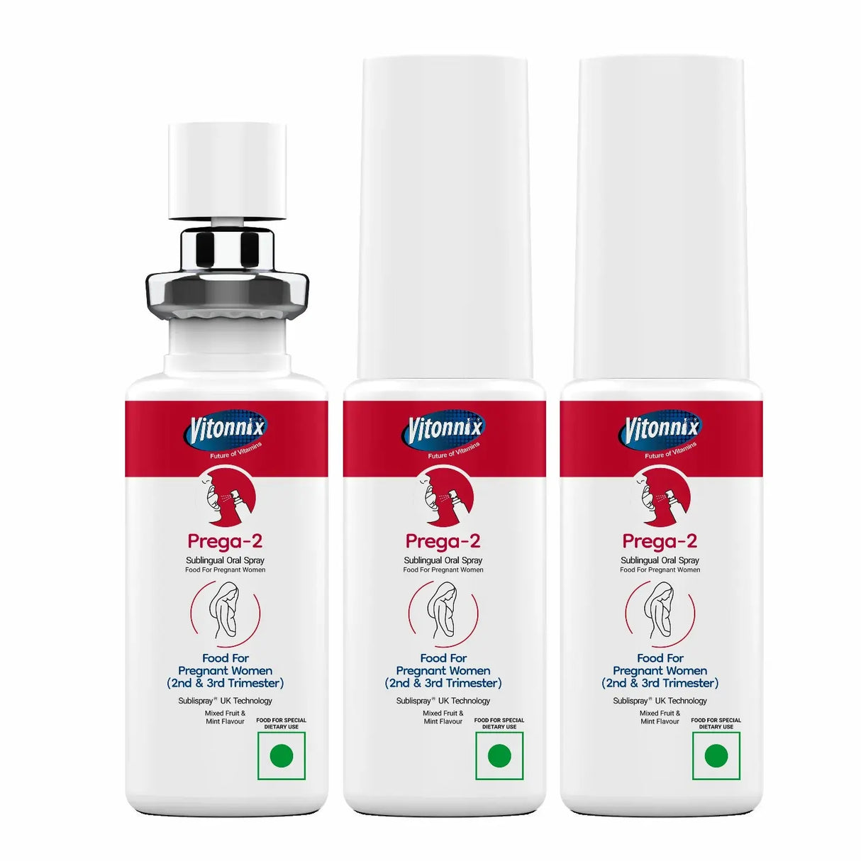 Three bottles of Vitonnix Prega-2 spray on a white background