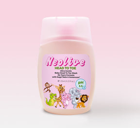 Neolive baby wash bottle with cartoon characters on a pink background