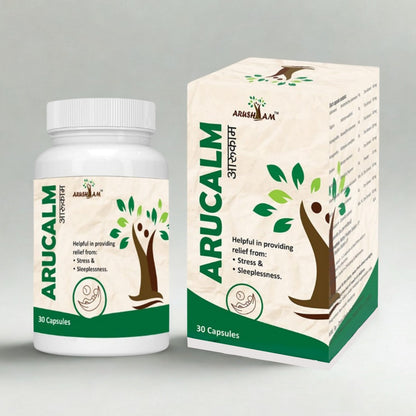 Arucalm supplement bottle and packaging on a gray background